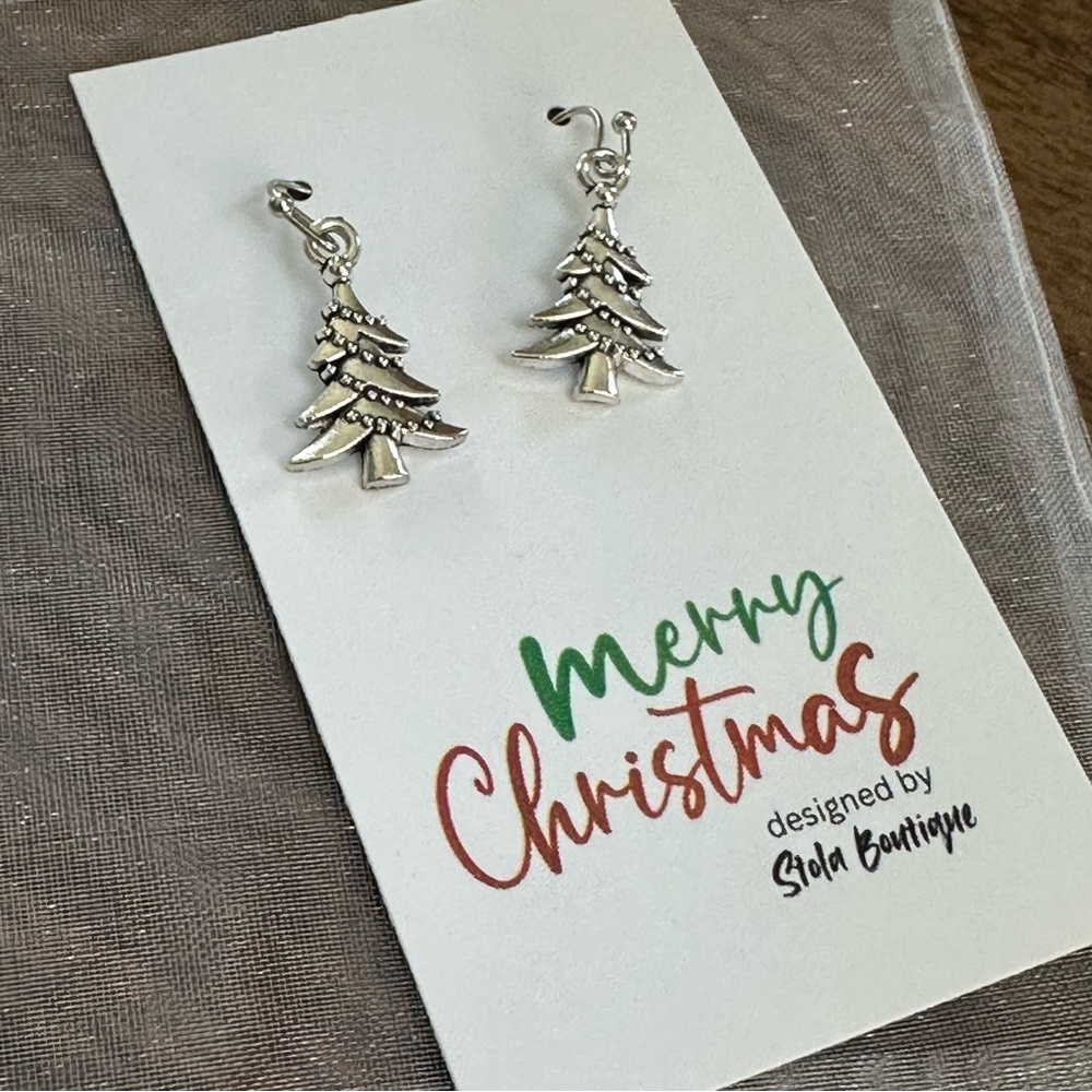 Silver Christmas Tree Dangle Holiday Earrings
